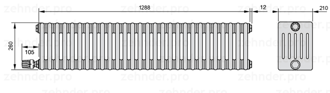 Схема (чертеж) Радиатор Zehnder Charleston 6026/28 №V003 Белый глянцевый RAL 9016